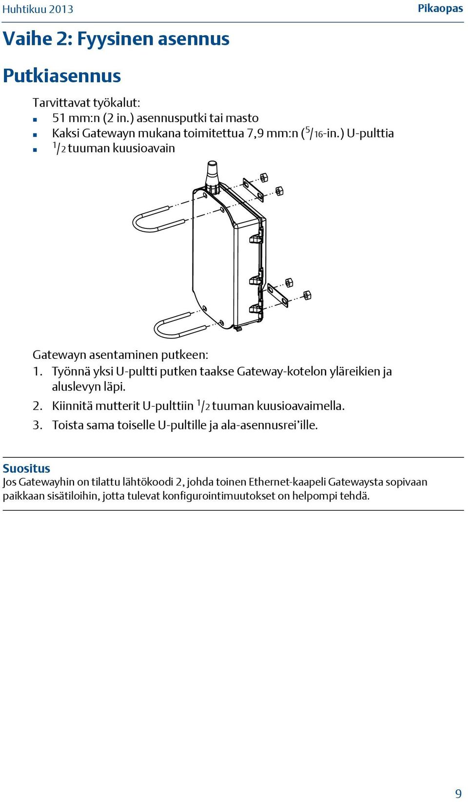 Työnnä yksi U-pultti putken taakse Gateway-kotelon yläreikien ja aluslevyn läpi. 2. Kiinnitä mutterit U-pulttiin 1 /2 tuuman kuusioavaimella. 3.