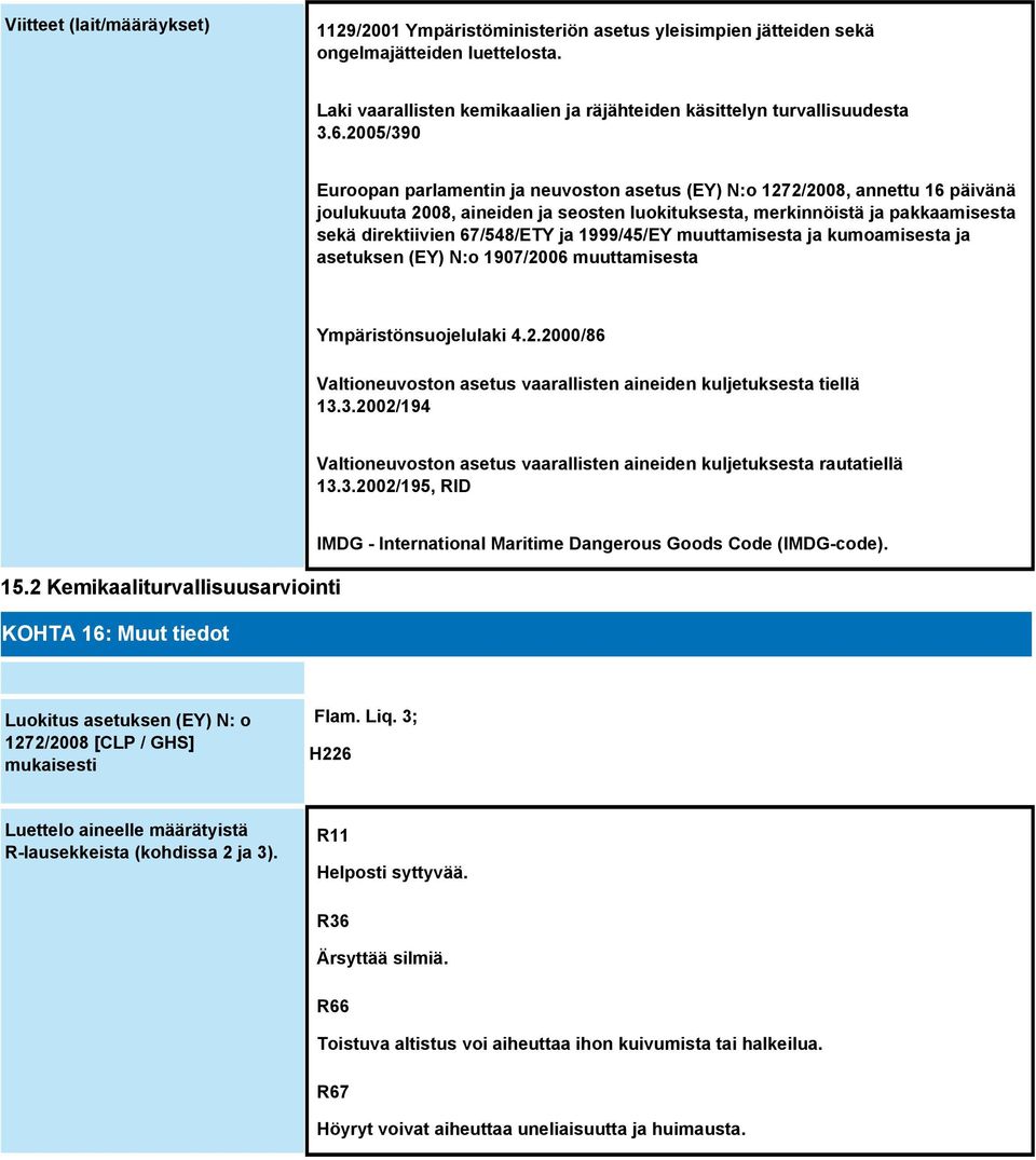 ja 1999/45/EY muuttamisesta ja kumoamisesta ja asetuksen (EY) N:o 1907/2006 muuttamisesta Ympäristönsuojelulaki 4.2.2000/86 Valtioneuvoston asetus vaarallisten aineiden kuljetuksesta tiellä 13.