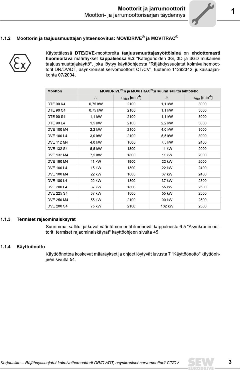 2 "Kategorioiden 3G, 3D ja 3GD mukainen taajuusmuuttajakäyttö", joka löytyy käyttöohjeesta "Räjähdyssuojatut kolmivaihemoottorit DR/DV/DT, asynkroniset servomoottorit CT/CV", tuotenro 11292342,