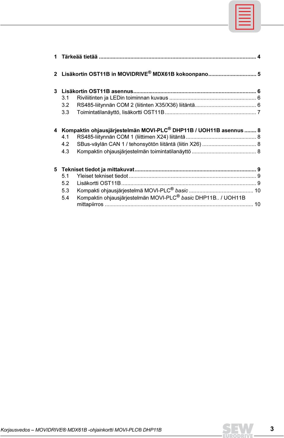 .. 8 4.3 Kompaktin ohjausjärjestelmän toimintatilanäyttö... 8 5 Tekniset tiedot ja mittakuvat... 9 5.1 Yleiset tekniset tiedot... 9 5.2 Lisäkortti OST11B... 9 5.3 Kompakti ohjausjärjestelmä MOVI-PLC basic.