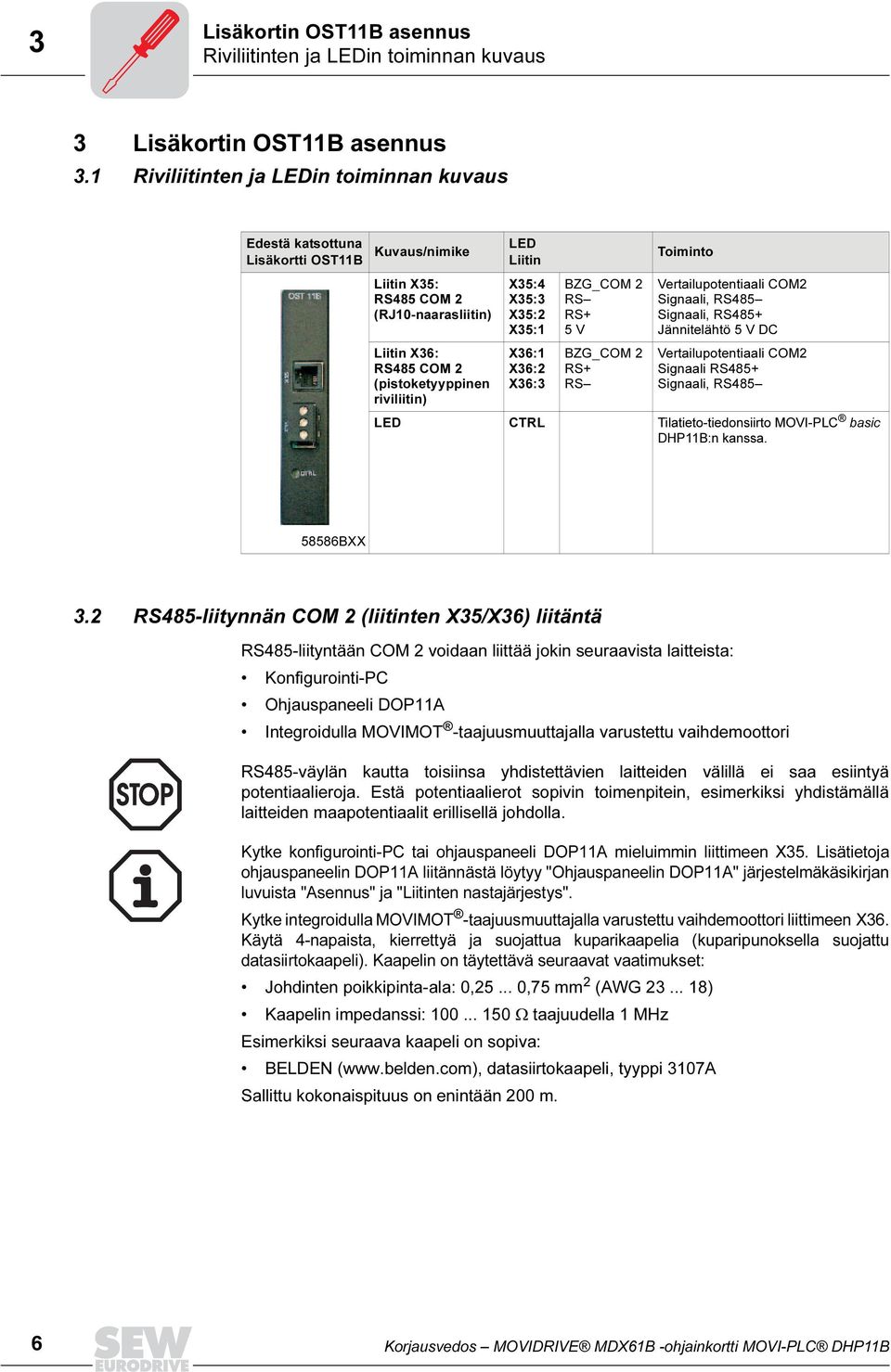 riviliitin) X35:4 X35:3 X35:2 X35:1 X36:1 X36:2 X36:3 BZG_COM 2 RS RS+ 5 V BZG_COM 2 RS+ RS Toiminto Vertailupotentiaali COM2 Signaali, RS485 Signaali, RS485+ Jännitelähtö 5 V DC Vertailupotentiaali