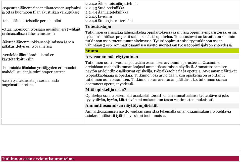 mahdollisuudet ja toimintaperiaatteet -selviytyä teknisistä ja sosiaalisista ongelmatilanteista. 2.2.4.2 Äänentoistojärjestelmät 2.2.4.3 Studiotekniikka 2.2.4.4 Äänilaitetekniikka 2.2.4.5 Liveääni 2.