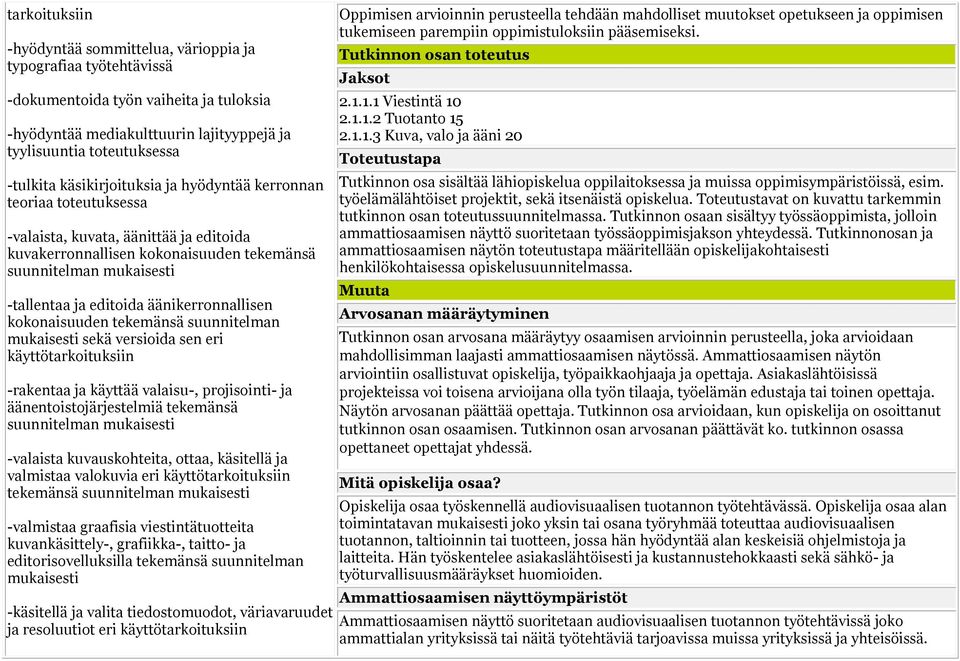 äänikerronnallisen kokonaisuuden tekemänsä suunnitelman mukaisesti sekä versioida sen eri käyttötarkoituksiin -rakentaa ja käyttää valaisu-, projisointi- ja äänentoistojärjestelmiä tekemänsä