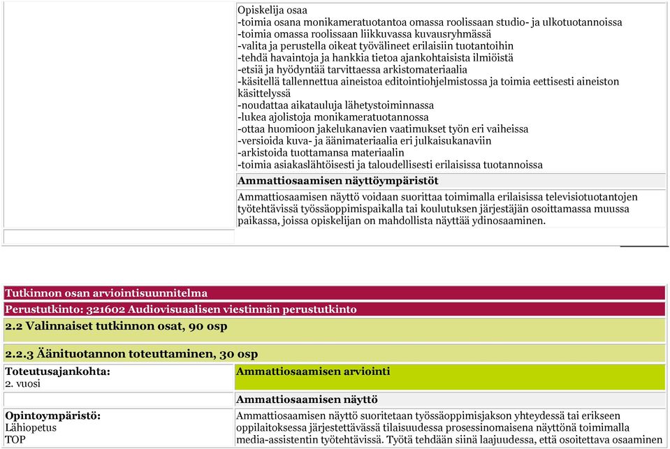 toimia eettisesti aineiston käsittelyssä -noudattaa aikatauluja lähetystoiminnassa -lukea ajolistoja monikameratuotannossa -ottaa huomioon jakelukanavien vaatimukset työn eri vaiheissa -versioida