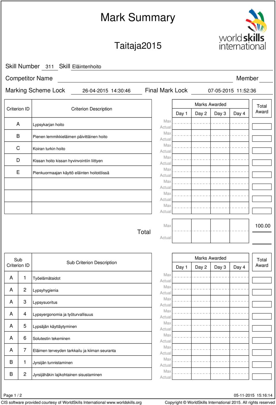 100.00 Sub Criterion Sub Criterion Description s Day 1 Day 2 Day 3 Day 4 Total Award A 1 Työelämätaidot A 2 Lypsyhygienia A 3 Lypsysuoritus A 4 Lypsyergonomia ja työturvallisuus A 5