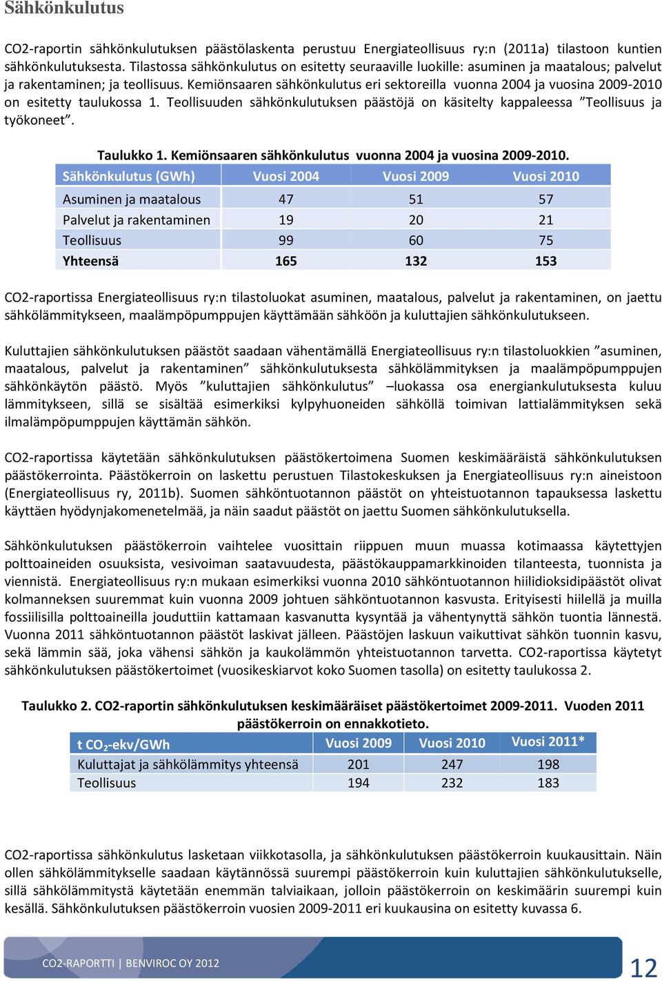 Kemiönsaaren sähkönkulutus eri sektoreilla vuonna 2004 ja vuosina 2009-2010 on esitetty taulukossa 1. Teollisuuden sähkönkulutuksen päästöjä on käsitelty kappaleessa Teollisuus ja työkoneet.