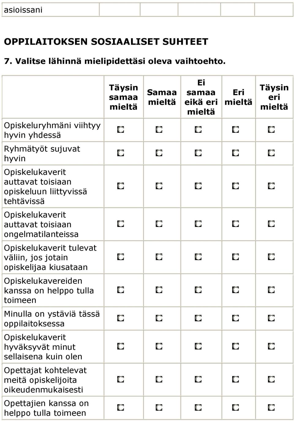 tehtävissä Opiskelukaverit auttavat toisiaan ongelmatilanteissa Opiskelukaverit tulevat väliin, jos jotain opiskelijaa kiusataan Opiskelukavereiden kanssa