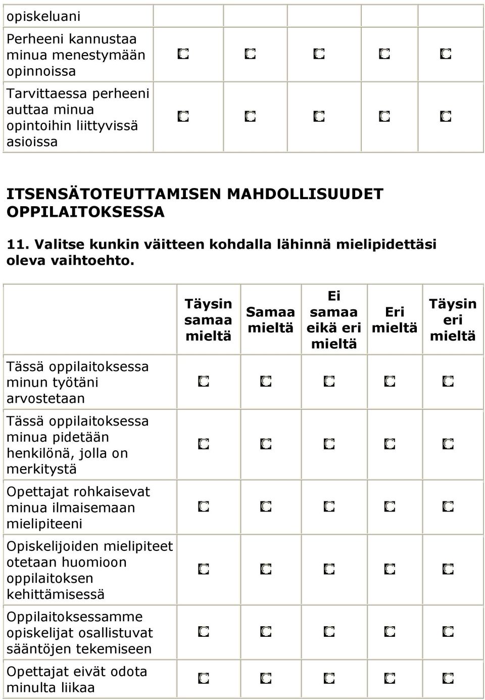 Samaa Ei eikä eri Eri eri Tässä oppilaitoksessa minun työtäni arvostetaan Tässä oppilaitoksessa minua pidetään henkilönä, jolla on merkitystä Opettajat