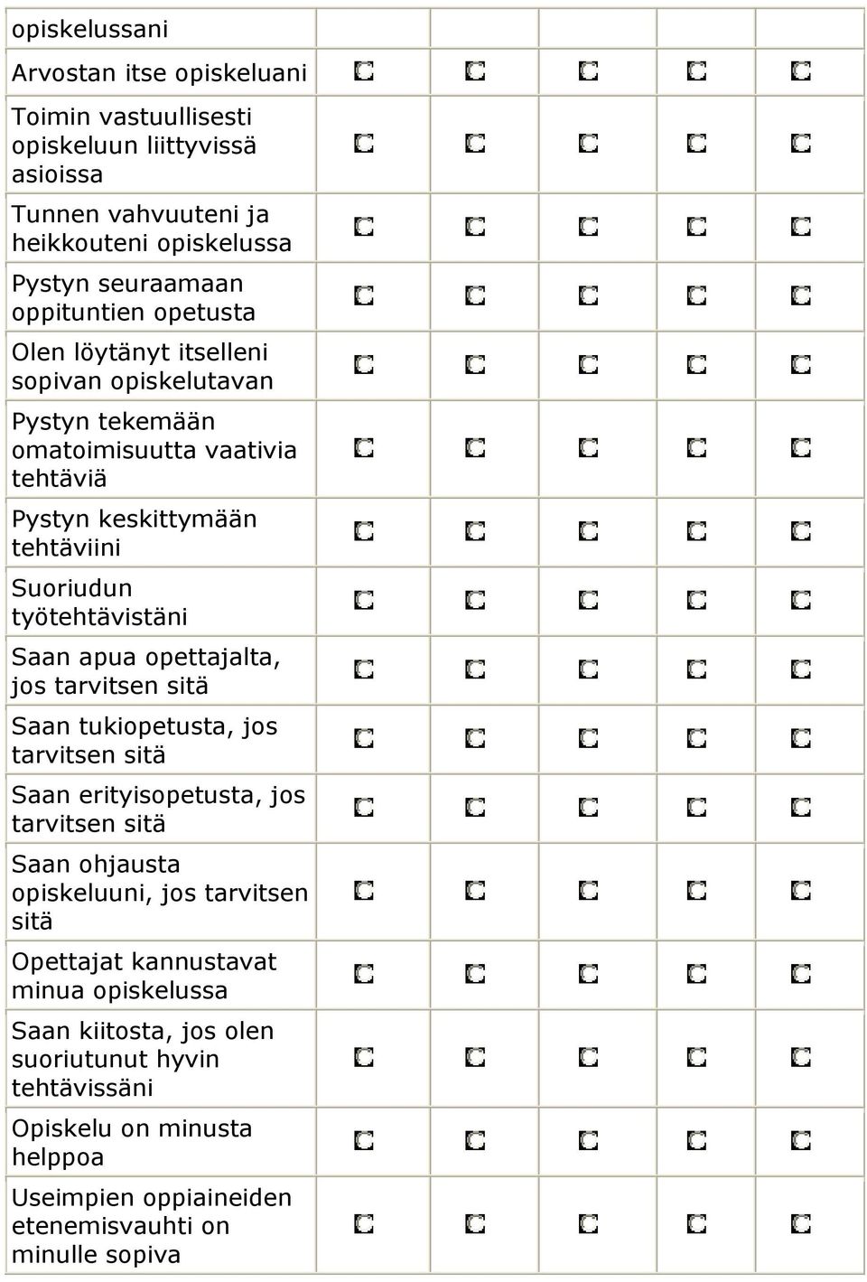 apua opettajalta, jos tarvitsen sitä Saan tukiopetusta, jos tarvitsen sitä Saan erityisopetusta, jos tarvitsen sitä Saan ohjausta opiskeluuni, jos tarvitsen sitä