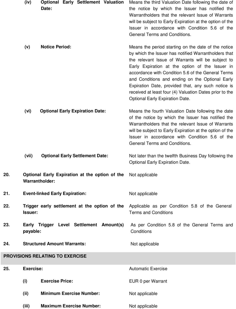 (v) Notice Period: Means the period starting on the date of the notice by which the Issuer has notified Warrantholders that the relevant Issue of Warrants will be subject to Early Expiration at the