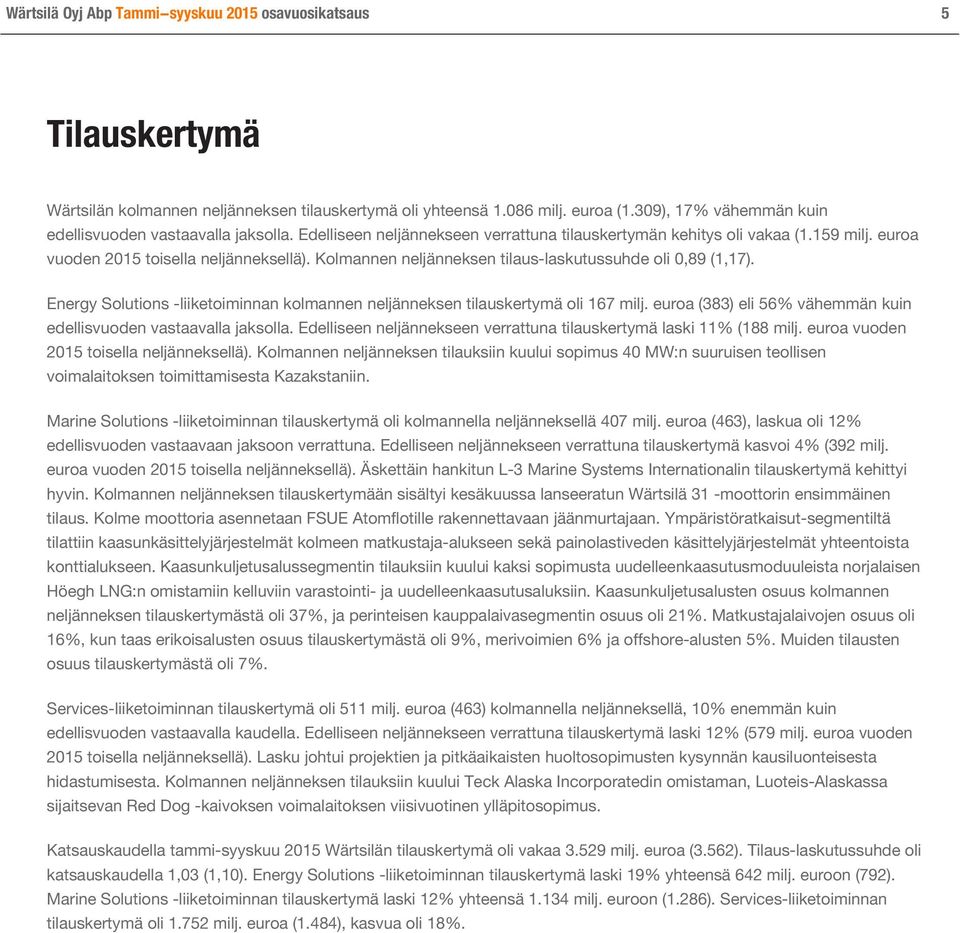 Kolmannen neljänneksen tilaus-laskutussuhde oli 0,89 (1,17). Energy Solutions -liiketoiminnan kolmannen neljänneksen tilauskertymä oli 167 milj.