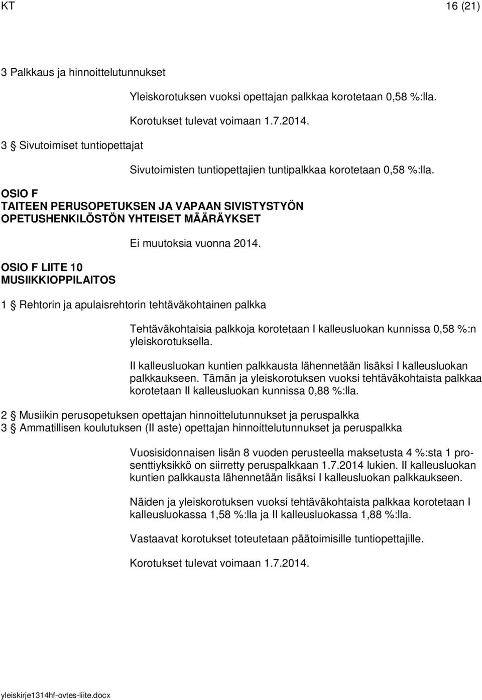 OSIO F TAITEEN PERUSOPETUKSEN JA VAPAAN SIVISTYSTYÖN OPETUSHENKILÖSTÖN YHTEISET MÄÄRÄYKSET OSIO F LIITE 10 MUSIIKKIOPPILAITOS Ei muutoksia vuonna 2014.