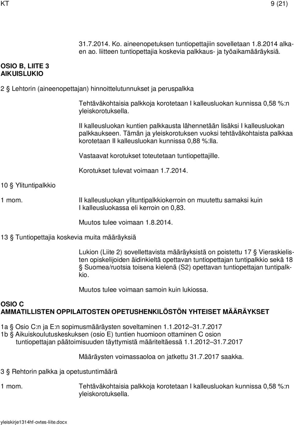 tuntiopettajille. 1 mom. II kalleusluokan ylituntipalkkiokerroin on muutettu samaksi kuin I kalleusluokassa eli kerroin on 0,83. Muutos tulee voimaan 1.8.2014.