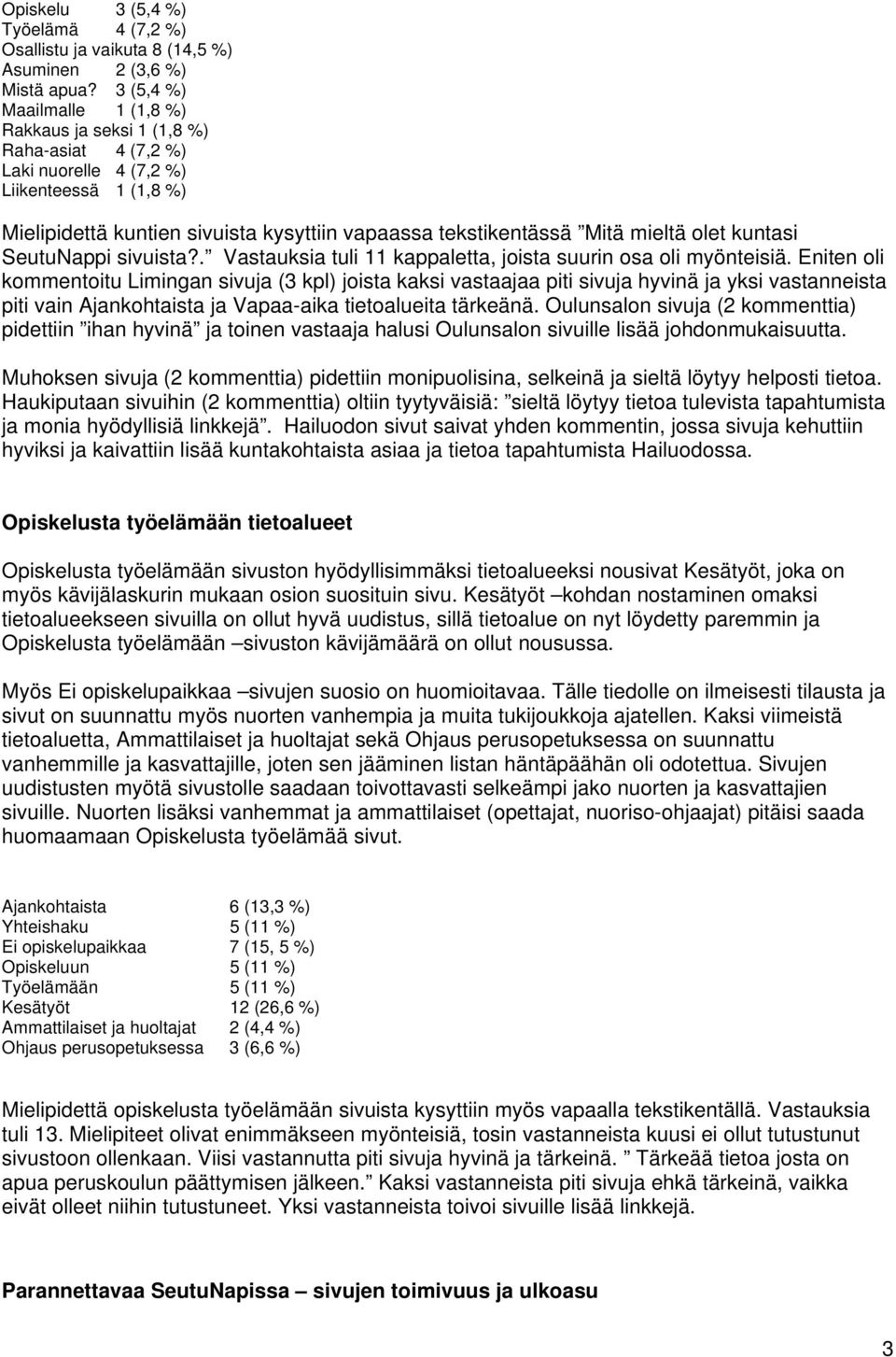 mieltä olet kuntasi SeutuNappi sivuista?. Vastauksia tuli 11 kappaletta, joista suurin osa oli myönteisiä.