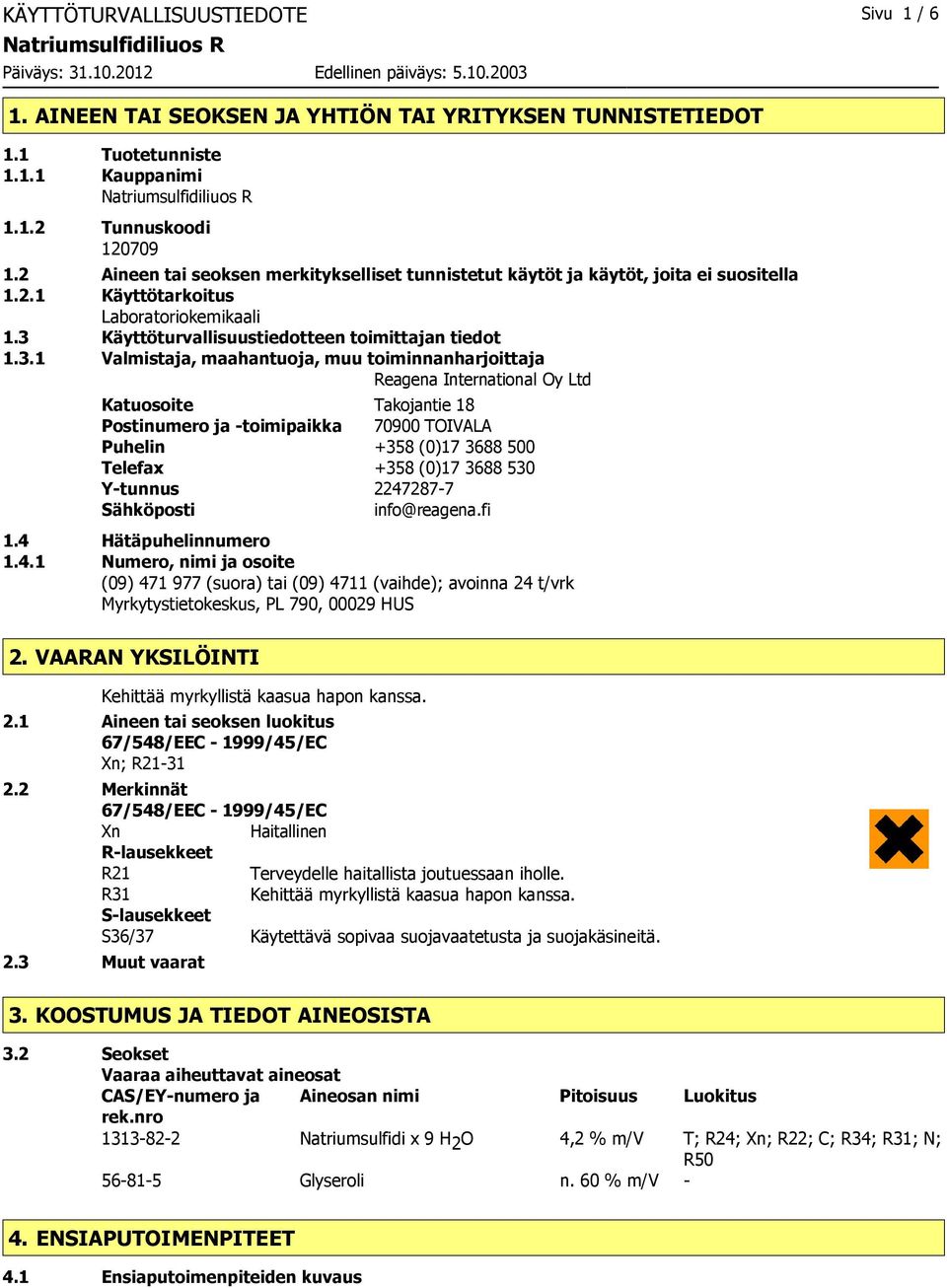 Käyttöturvallisuustiedotteen toimittajan tiedot 1.3.
