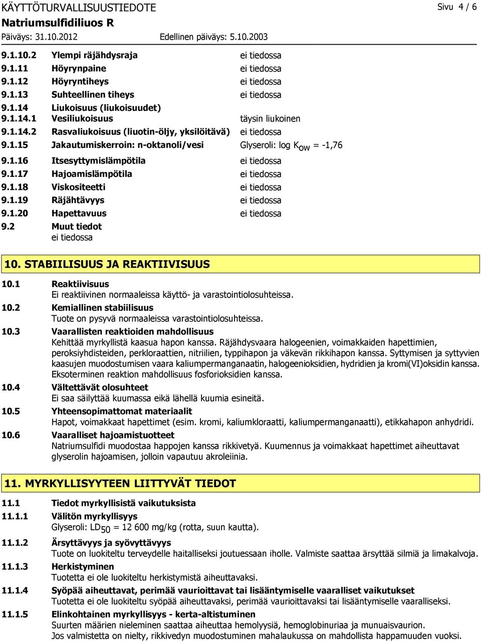 1.17 Hajoamislämpötila ei tiedossa 9.1.18 Viskositeetti ei tiedossa 9.1.19 Räjähtävyys ei tiedossa 9.1.20 Hapettavuus ei tiedossa 9.2 Muut tiedot ei tiedossa 10. STABIILISUUS JA REAKTIIVISUUS 10.