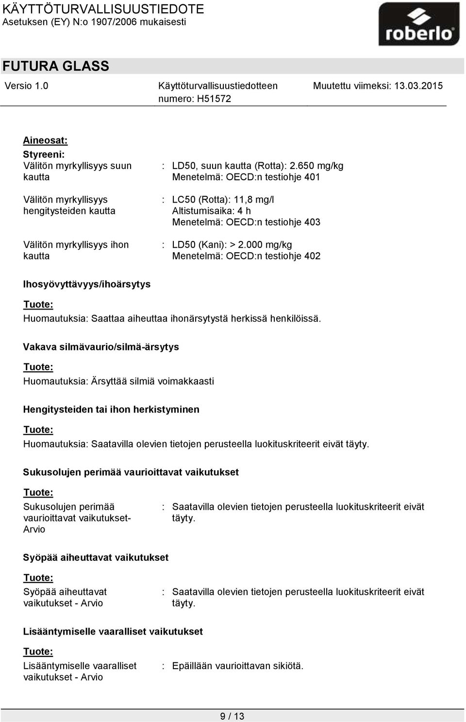000 mg/kg Menetelmä: OECD:n testiohje 402 Ihosyövyttävyys/ihoärsytys Huomautuksia: Saattaa aiheuttaa ihonärsytystä herkissä henkilöissä.