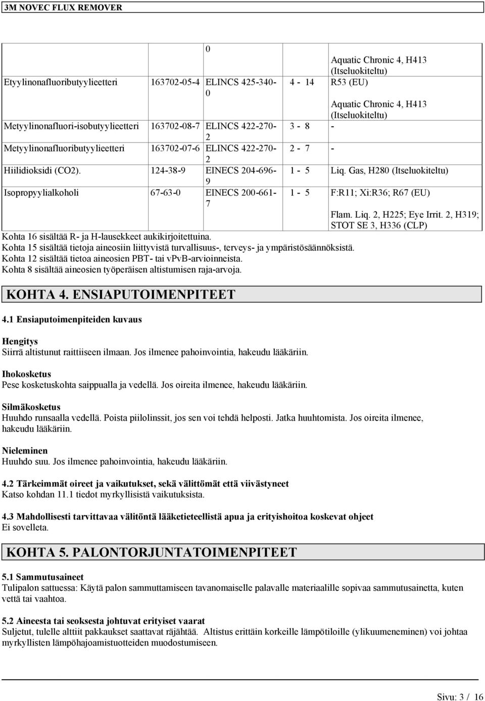 124-38-9 EINECS 204-696- 9 Isopropyylialkoholi 67-63-0 EINECS 200-661- 7 0 Aquatic Chronic 4, H413 (Itseluokiteltu) 4-14 R53 (EU) Aquatic Chronic 4, H413 (Itseluokiteltu) 3-8 - 2-7 - Kohta 16
