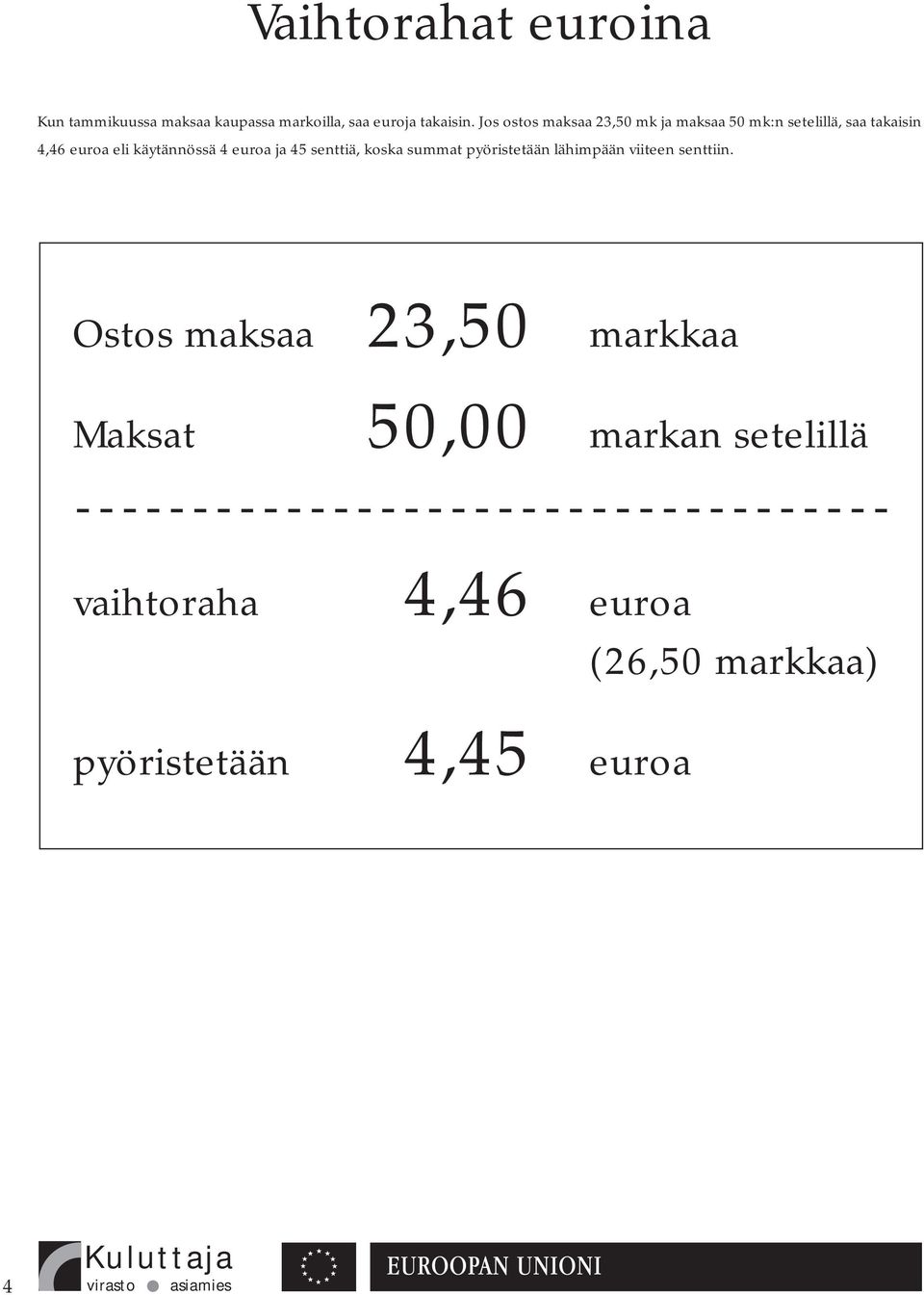 käytännössä 4 euroa ja 45 senttiä, koska summat pyöristetään lähimpään viiteen senttiin.