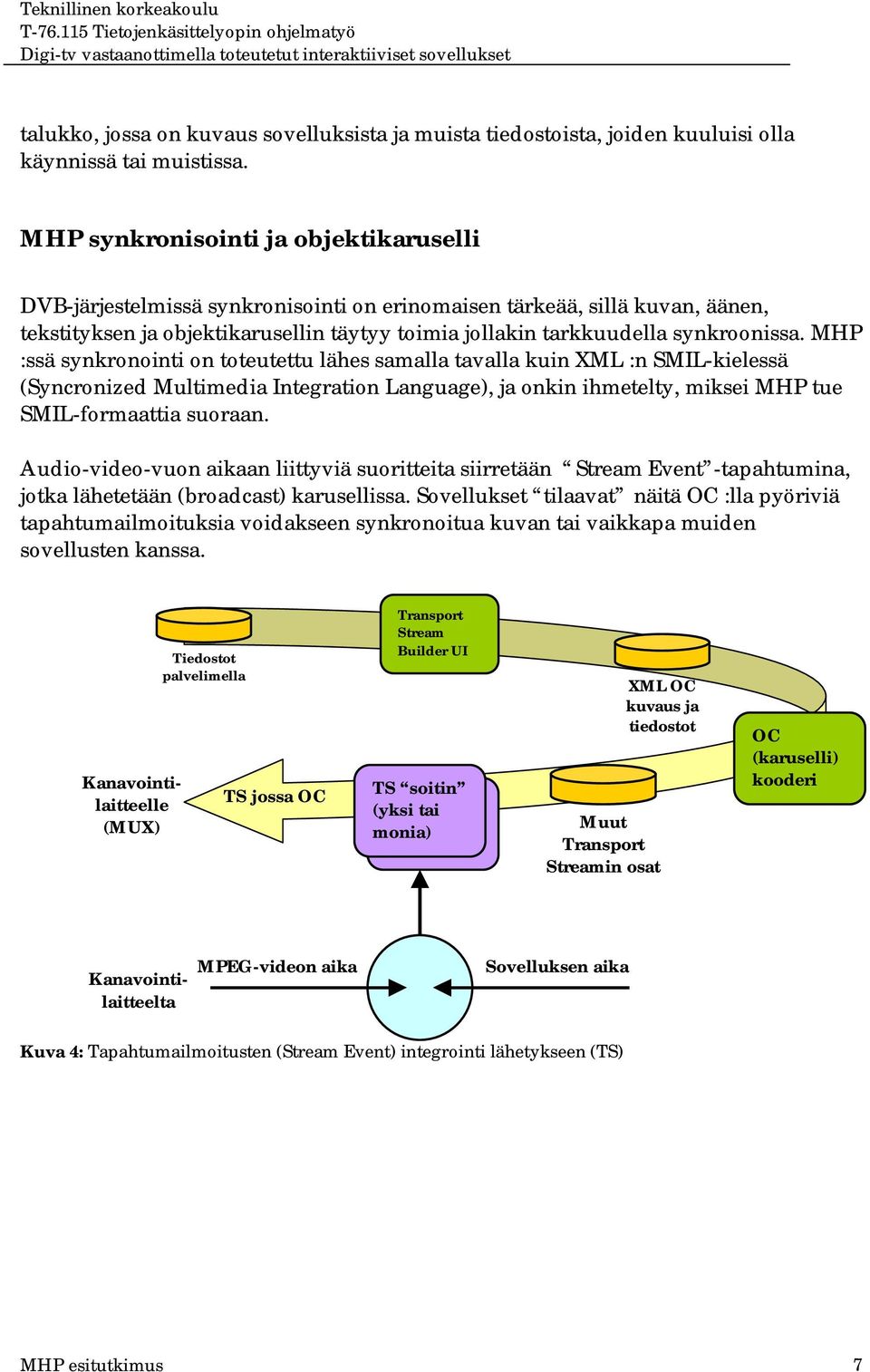 MHP :ssä synkronointi on toteutettu lähes samalla tavalla kuin XML :n SMIL-kielessä (Syncronized Multimedia Integration Language), ja onkin ihmetelty, miksei MHP tue SMIL-formaattia suoraan.