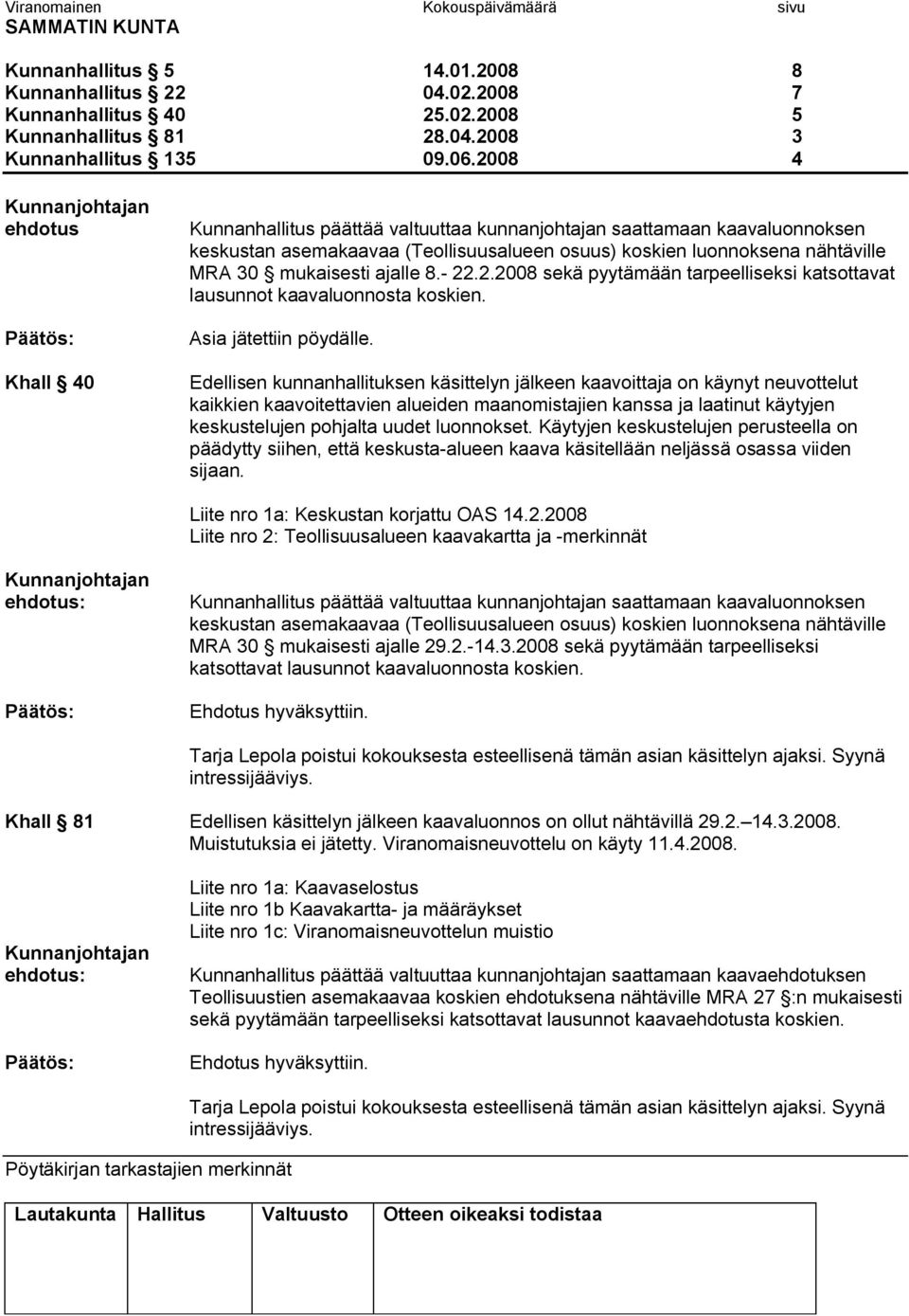 ajalle 8. 22.2.2008 sekä pyytämään tarpeelliseksi katsottavat lausunnot kaavaluonnosta koskien. Asia jätettiin pöydälle.
