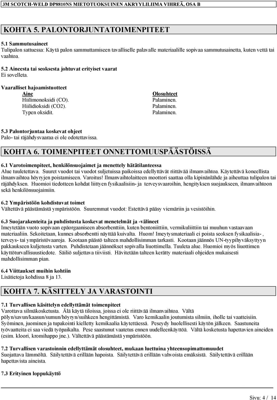 2 Aineesta tai seoksesta johtuvat erityiset vaarat Ei sovelleta. Vaaralliset hajoamistuotteet Aine Hiilimonoksidi (CO). Hiilidioksidi (CO2). Typen oksidit. Olosuhteet Palaminen. Palaminen. Palaminen. 5.