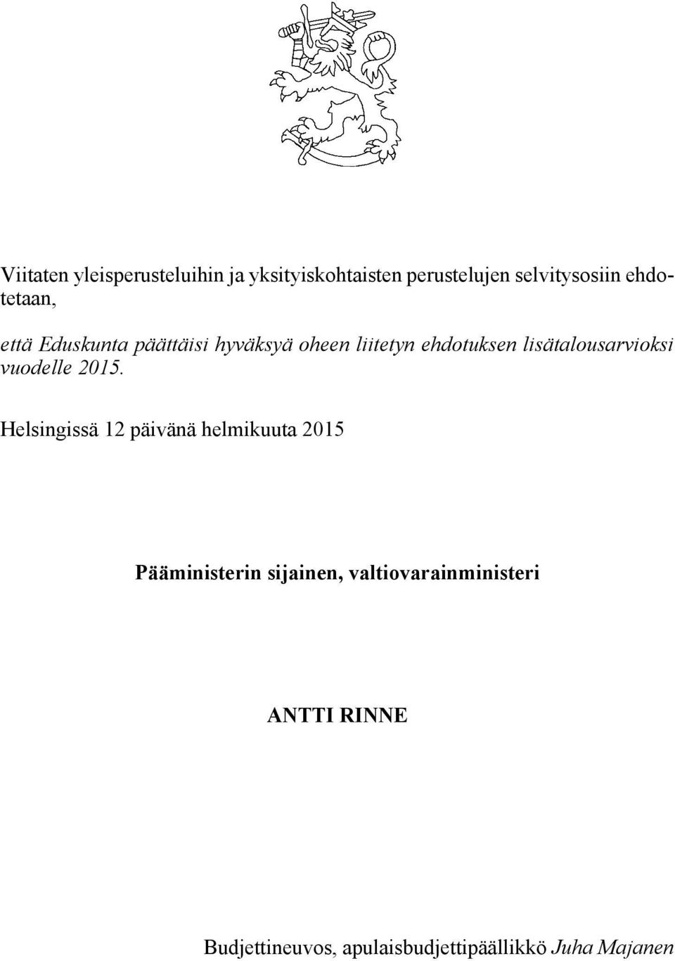 lisätalousarvioksi vuodelle 2015.