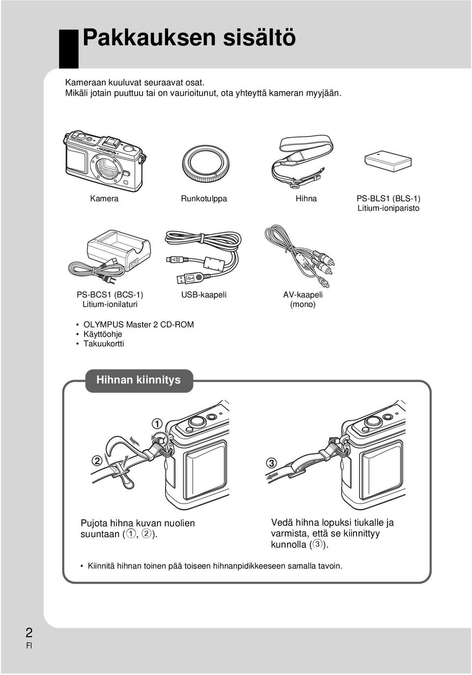 OLYMPUS Master 2 CD-ROM Käyttöohje Takuukortti Hihnan kiinnitys 1 2 3 Pujota hihna kuvan nuolien suuntaan (1, 2).