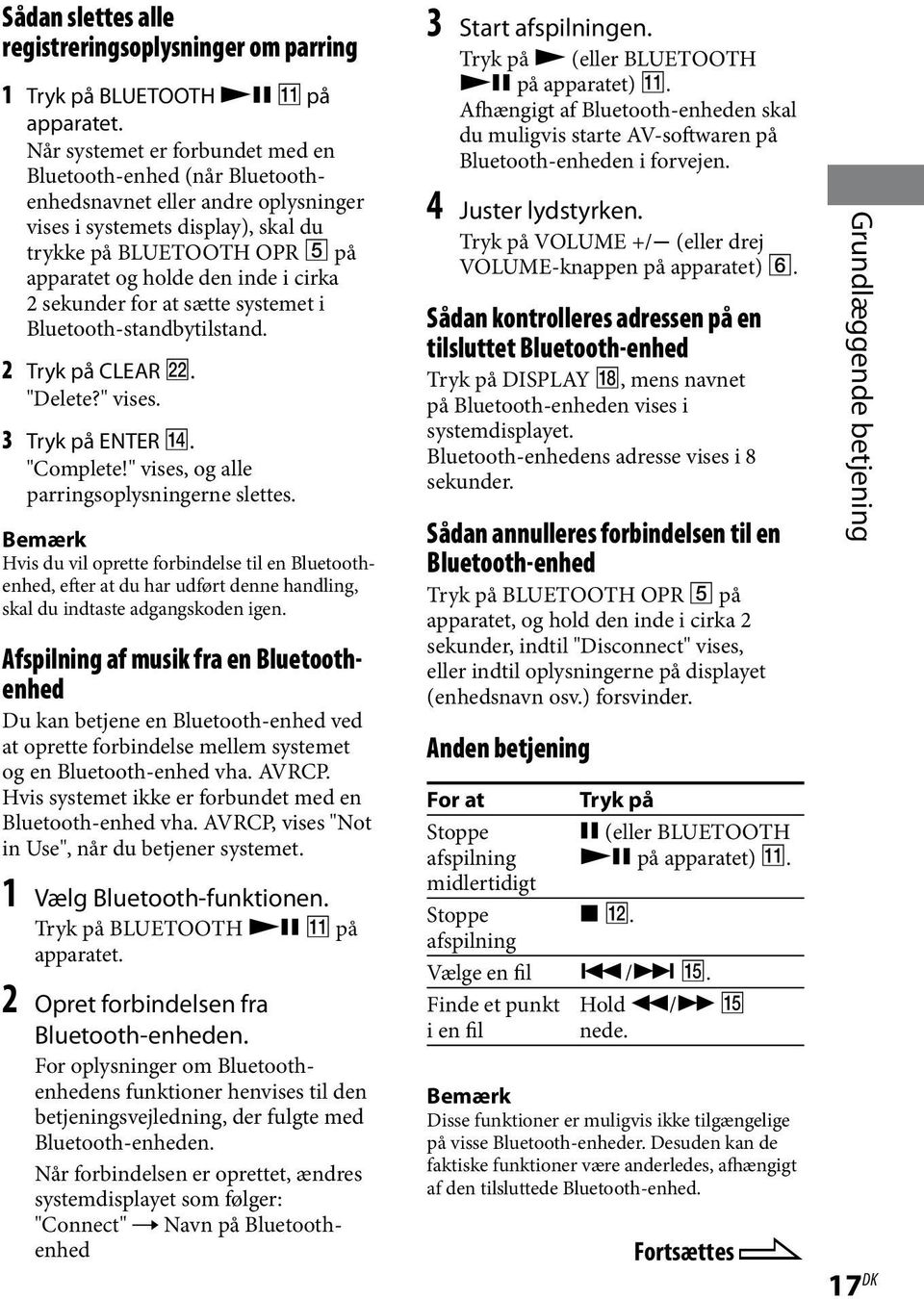 2 sekunder for at sætte systemet i Bluetooth-standbytilstand. 2 Tryk på CLEAR. "Delete?" vises. 3 Tryk på ENTER. "Complete!" vises, og alle parringsoplysningerne slettes.