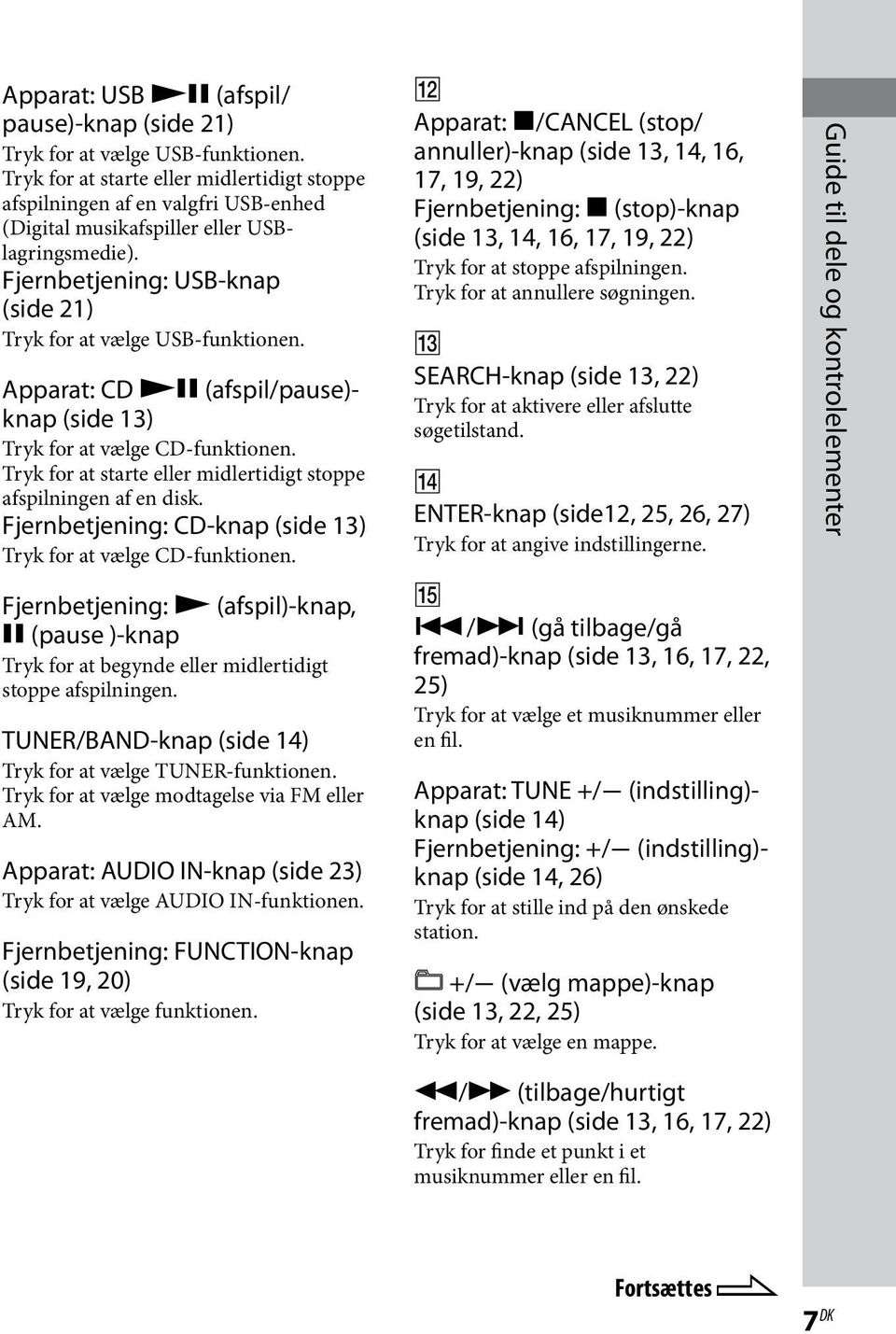 Apparat: CD (afspil/pause)- knap (side 13) Tryk for at vælge CD-funktionen. Tryk for at starte eller midlertidigt stoppe afspilningen af en disk.