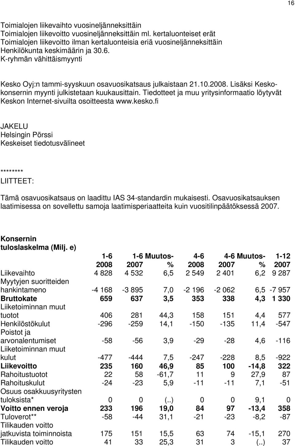 K-ryhmän vähittäismyynti Kesko Oyj:n tammi-syyskuun osavuosikatsaus julkaistaan 21.10.2008. Lisäksi Keskokonsernin myynti julkistetaan kuukausittain.