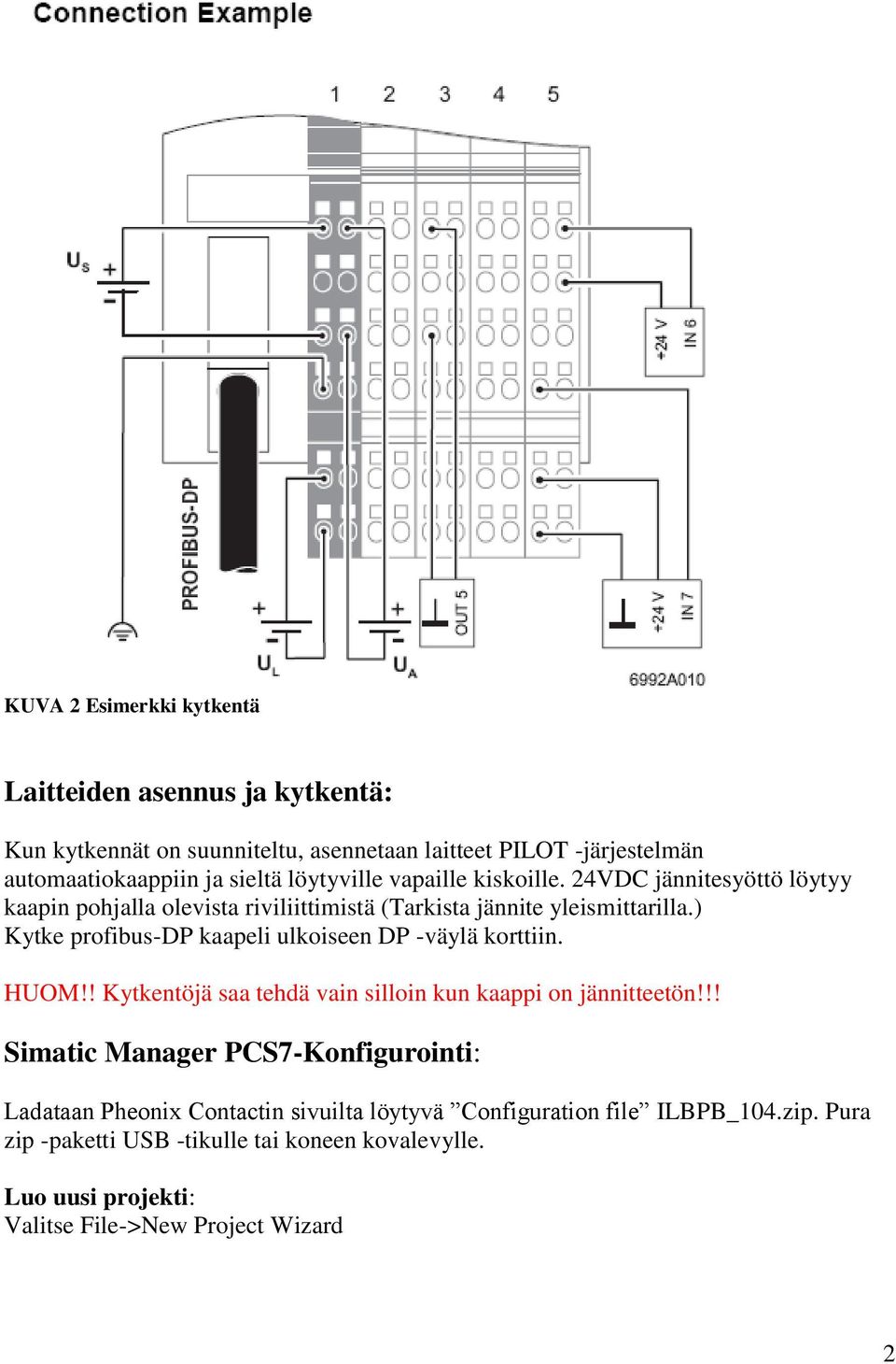 ) Kytke profibus-dp kaapeli ulkoiseen DP -väylä korttiin. HUOM!! Kytkentöjä saa tehdä vain silloin kun kaappi on jännitteetön!