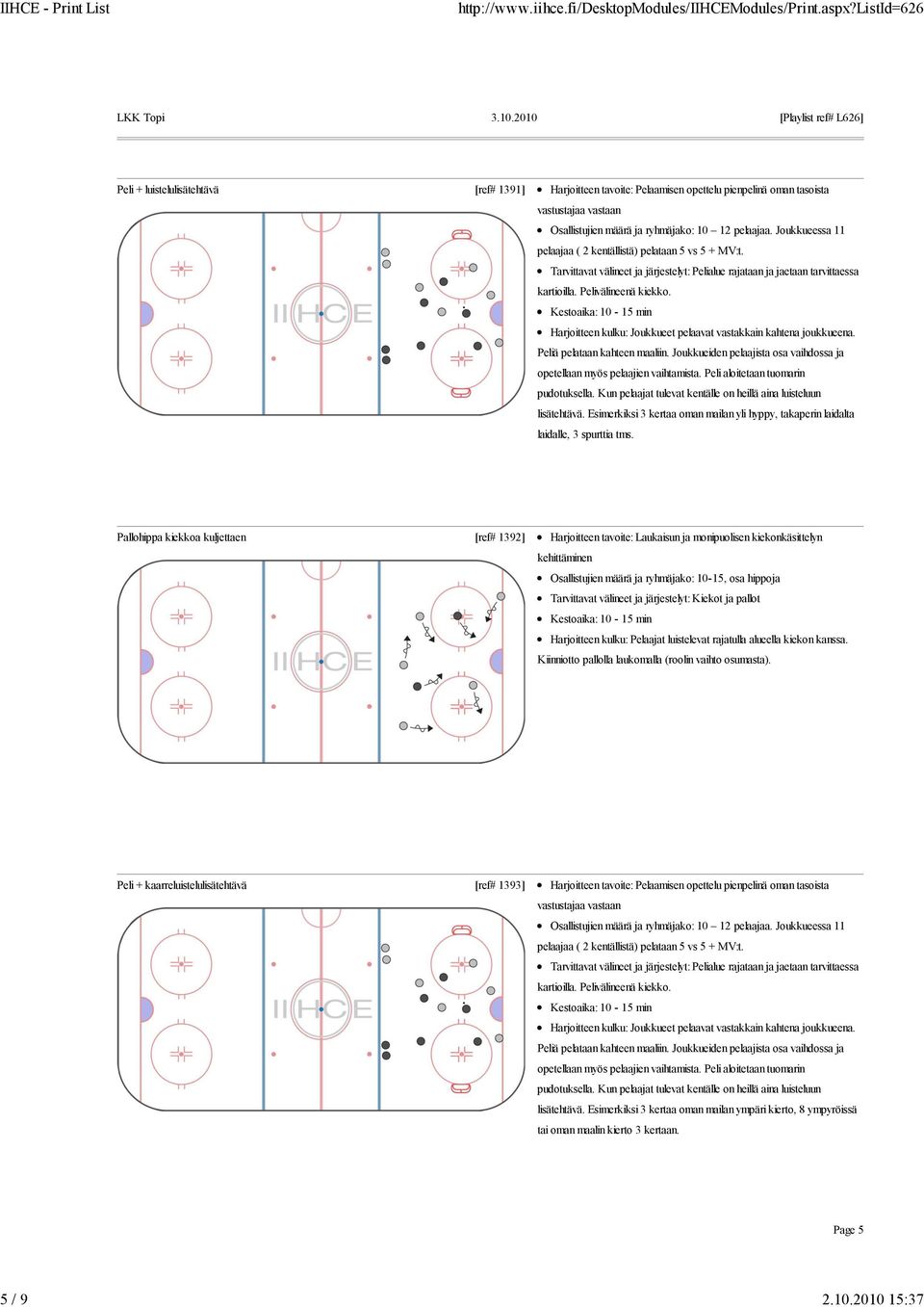 Joukkueiden pelaajista osa vaihdossa ja opetellaan myös pelaajien vaihtamista. Peli aloitetaan tuomarin pudotuksella. Kun pelaajat tulevat kentälle on heillä aina luisteluun lisätehtävä.