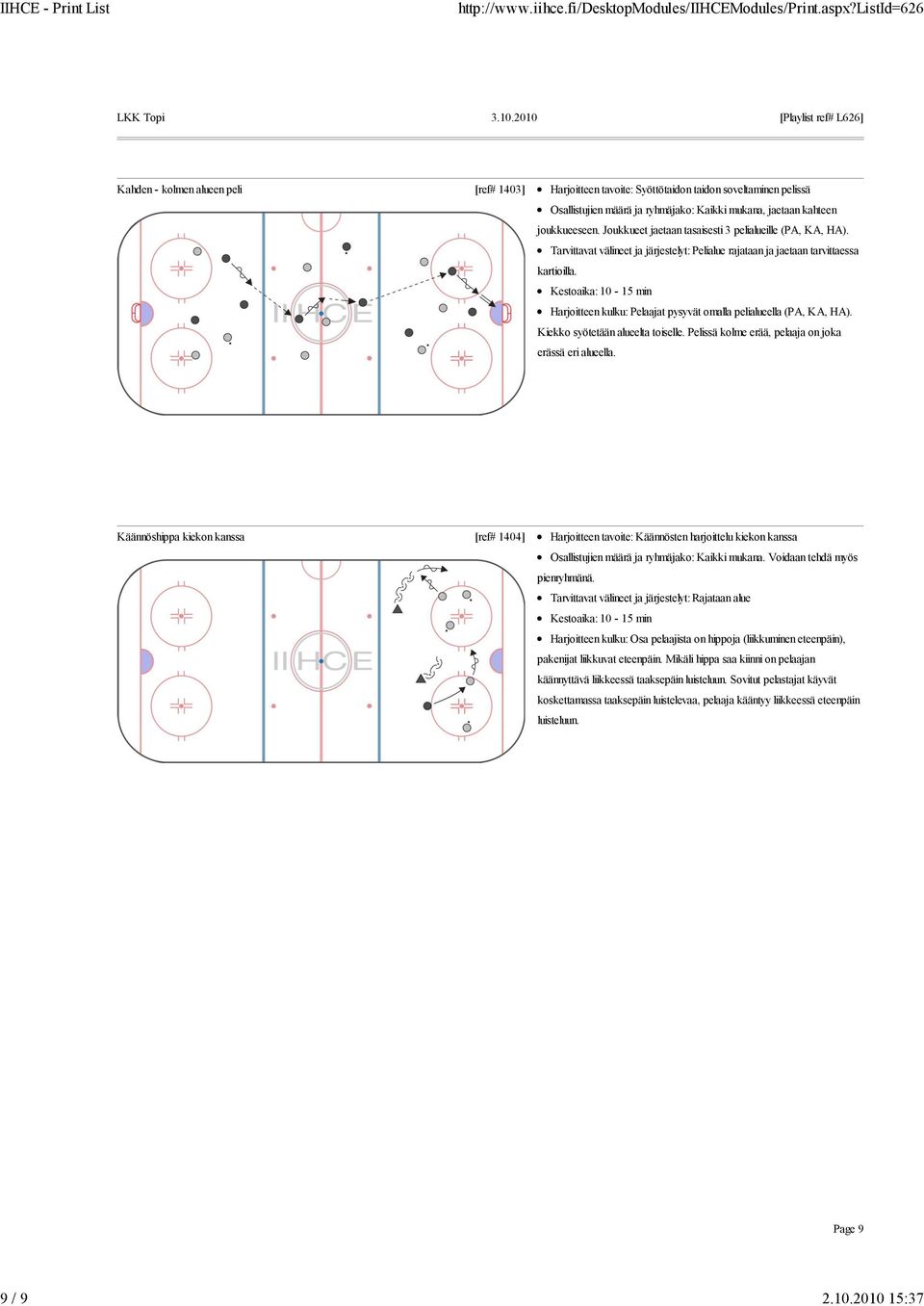 Joukkueet jaetaan tasaisesti 3 pelialueille (PA, KA, HA). kartioilla. Harjoitteen kulku: Pelaajat pysyvät omalla pelialueella (PA, KA, HA). Kiekko syötetään alueelta toiselle.