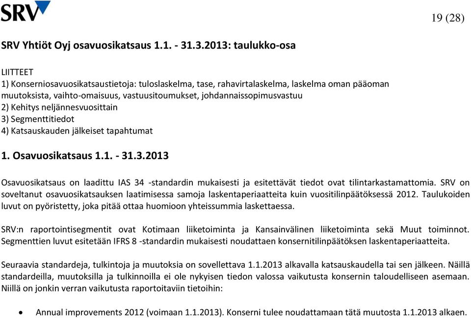 johdannaissopimusvastuu 2) Kehitys neljännesvuosittain 3) Segmenttitiedot 4) Katsauskauden jälkeiset tapahtumat 1. Osavuosikatsaus 1.1. - 31.3.2013 Osavuosikatsaus on laadittu IAS 34 -standardin mukaisesti ja esitettävät tiedot ovat tilintarkastamattomia.