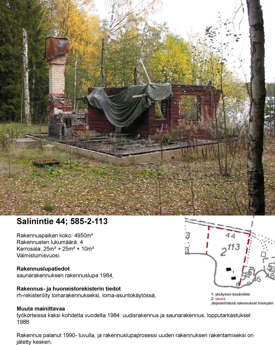 vuodelta 984: uudisrakennus ja saunarakennus, lopputarkastukset 988 Rakennus palanut 990- luvulla, ja
