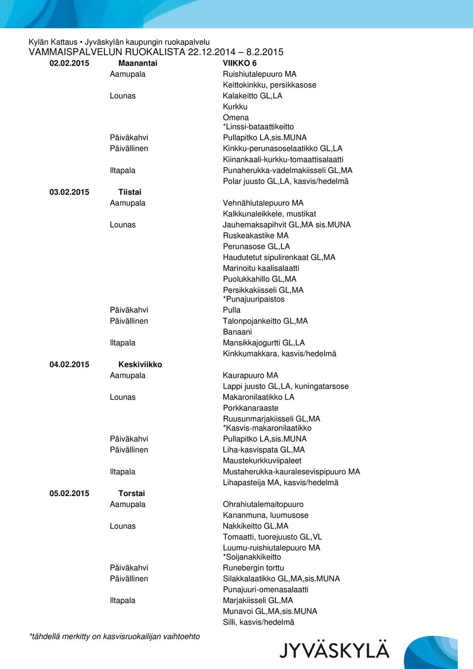 muna Ruskeakastike MA Perunasose GL,LA Haudutetut sipulirenkaat GL,MA Marinoitu kaalisalaatti Puolukkahillo GL,MA Persikkakiisseli GL,MA *Punajuuripaistos Pulla Talonpojankeitto GL,MA Banaani