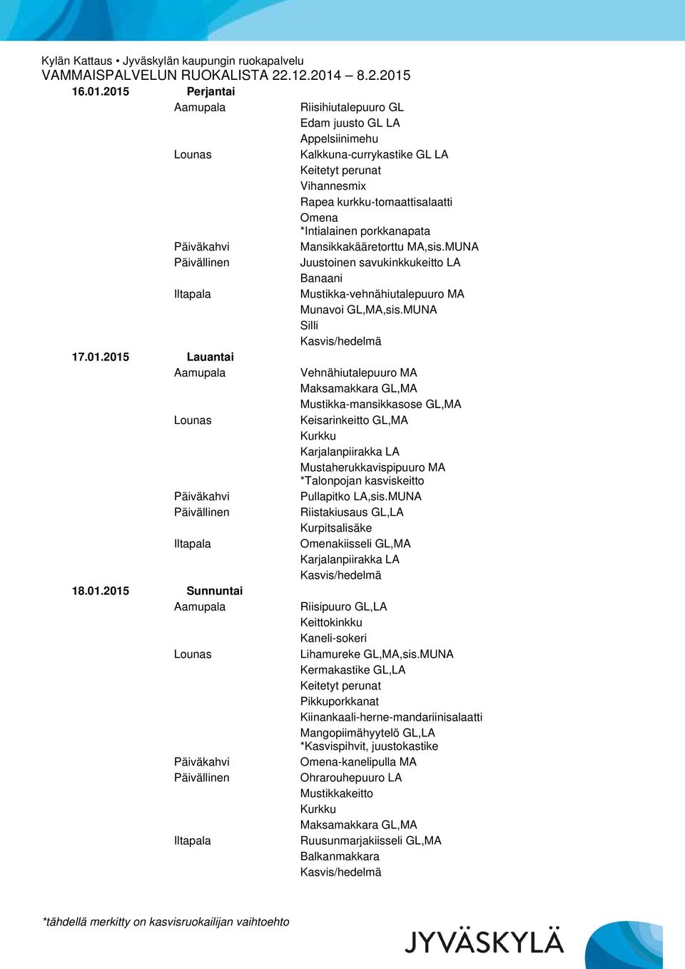 MUNA Juustoinen savukinkkukeitto LA Banaani Mustikka-vehnähiutalepuuro MA Munavoi GL,MA,sis.MUNA Silli 17.01.