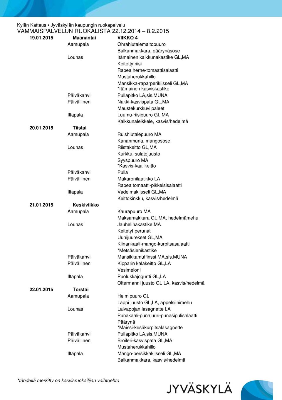 *Itämainen kasviskastike Nakki-kasvispata GL,MA Maustekurkkuviipaleet Luumu-riisipuuro GL,MA Kalkkunaleikkele, kasvis/hedelmä 20.01.