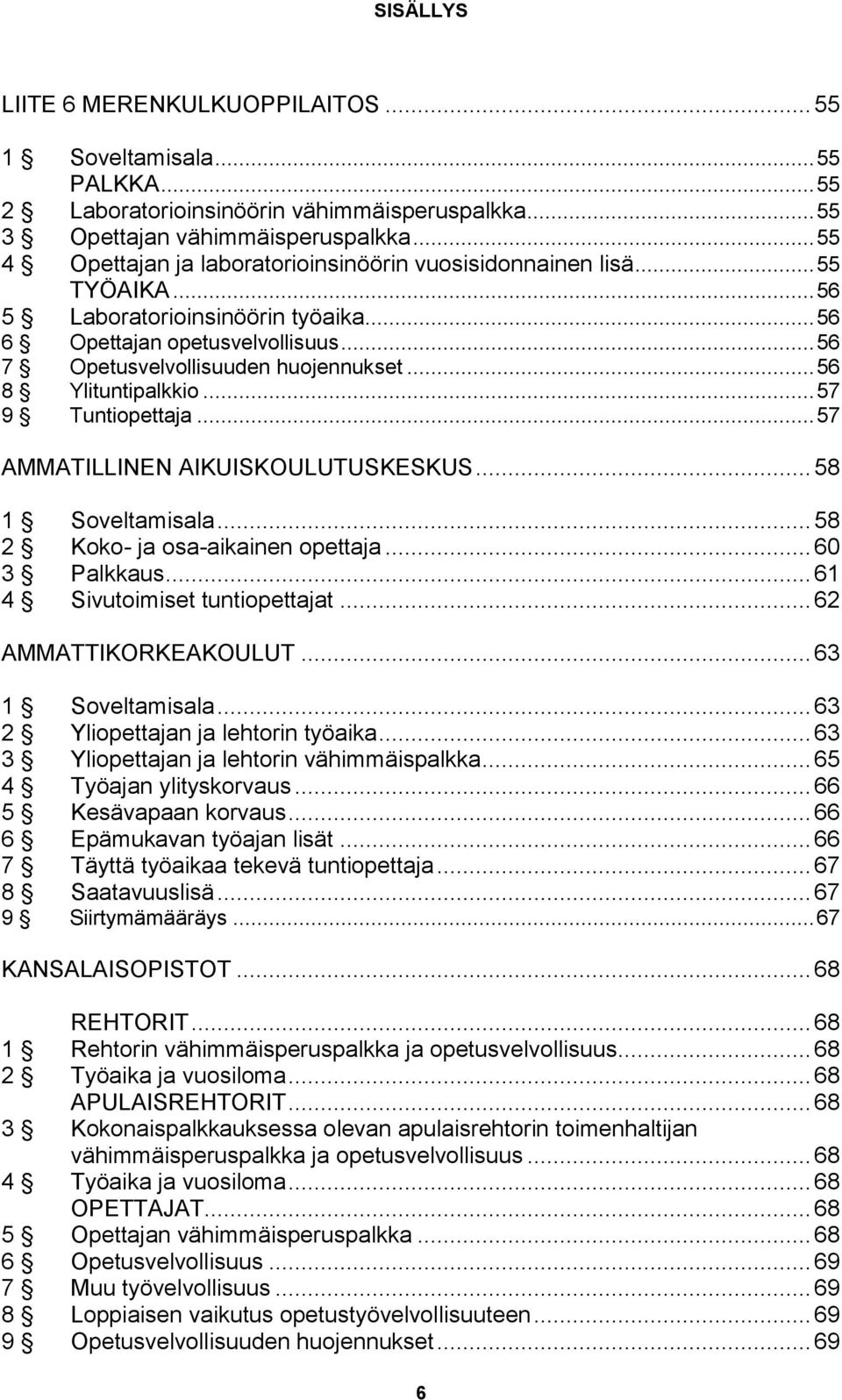 .. 56 8 Ylituntipalkkio... 57 9 Tuntiopettaja... 57 AMMATILLINEN AIKUISKOULUTUSKESKUS... 58 1 Soveltamisala... 58 2 Koko- ja osa-aikainen opettaja... 60 3 Palkkaus... 61 4 Sivutoimiset tuntiopettajat.