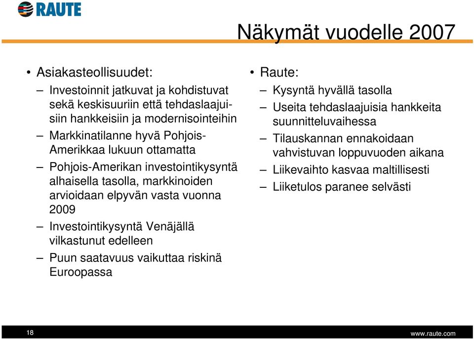 vuonna 2009 Investointikysyntä Venäjällä vilkastunut edelleen Puun saatavuus vaikuttaa riskinä Euroopassa Raute: Kysyntä hyvällä tasolla Useita