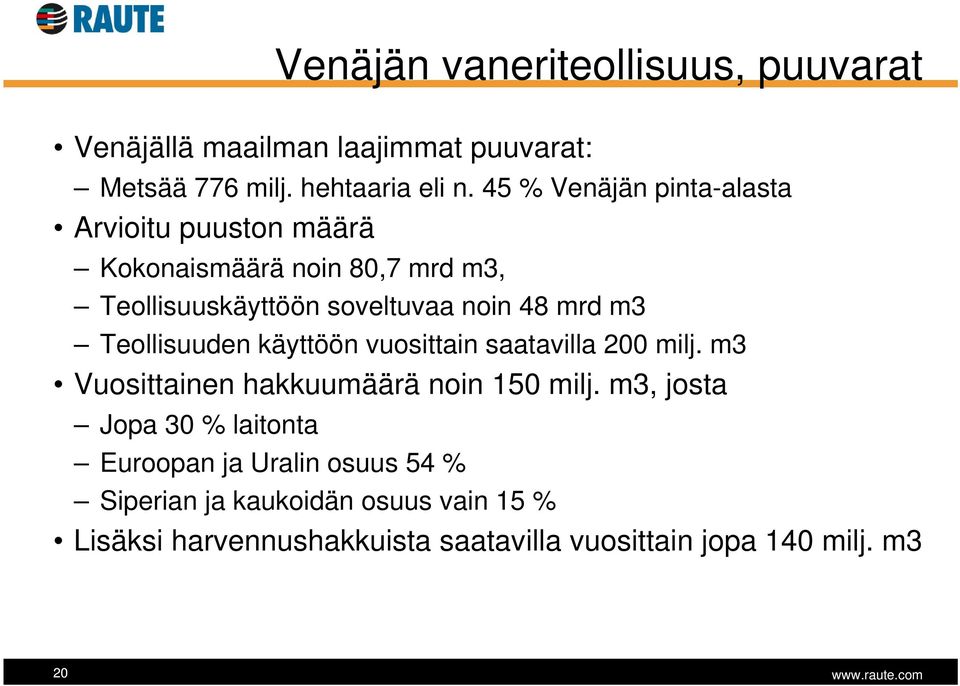 m3 Teollisuuden käyttöön vuosittain saatavilla 200 milj. m3 Vuosittainen hakkuumäärä noin 150 milj.