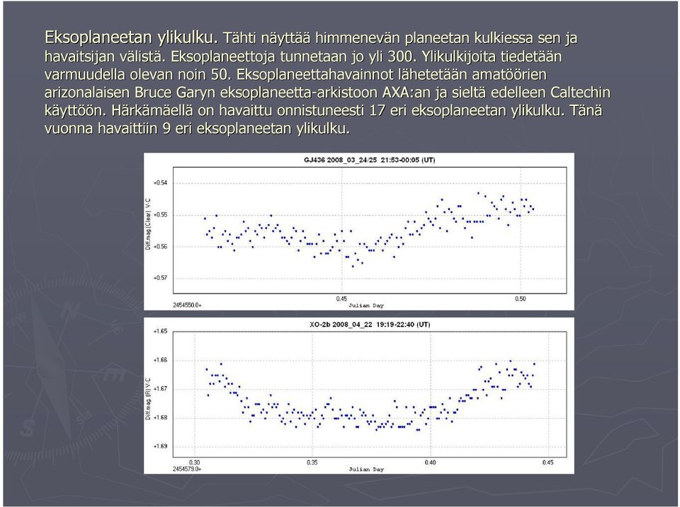 Eksoplaneettahavainnot lähetetään n amatöö öörien arizonalaisen Bruce Garyn eksoplaneetta-arkistoon arkistoon AXA:an ja