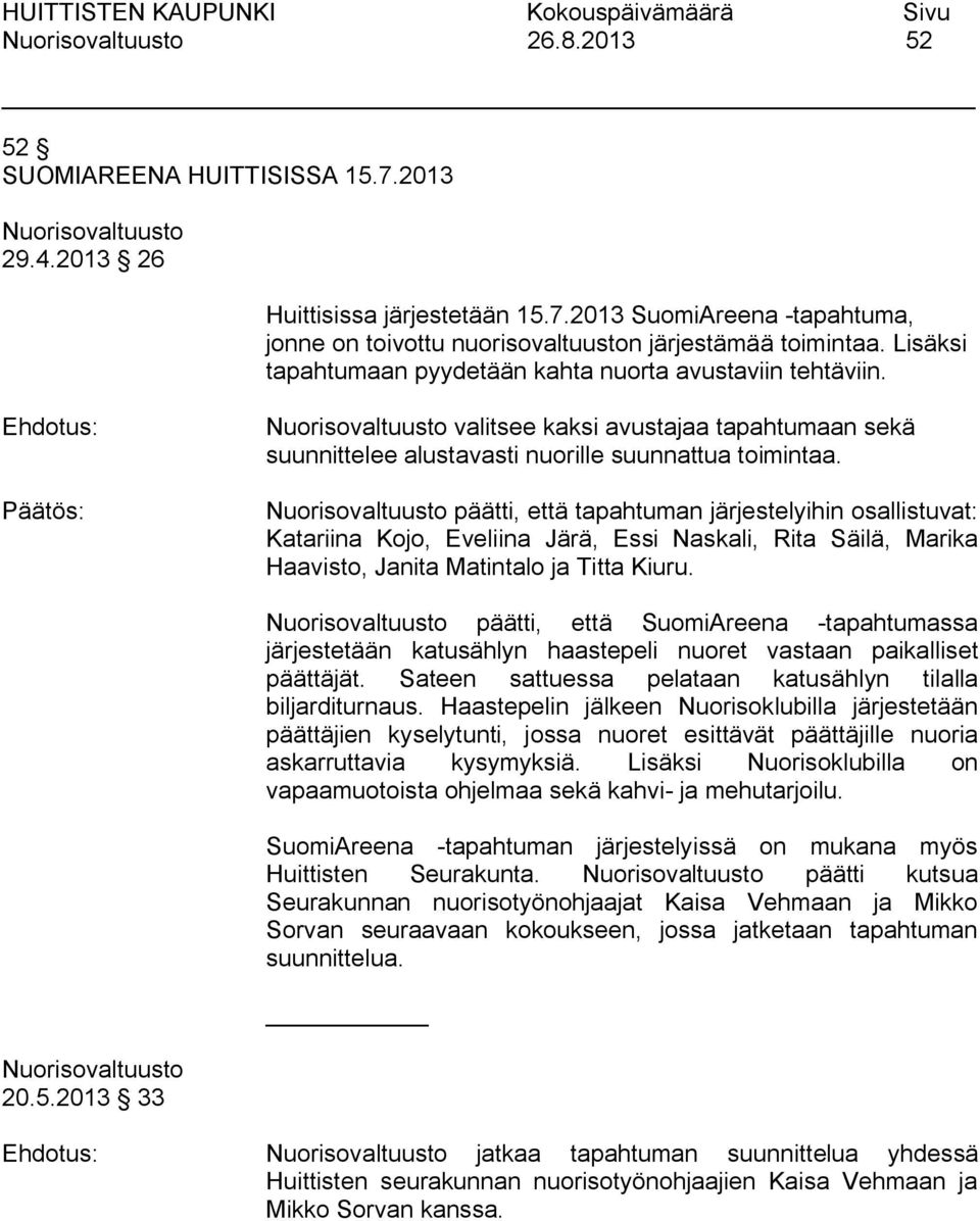 päätti, että tapahtuman järjestelyihin osallistuvat: Katariina Kojo, Eveliina Järä, Essi Naskali, Rita Säilä, Marika Haavisto, Janita Matintalo ja Titta Kiuru.