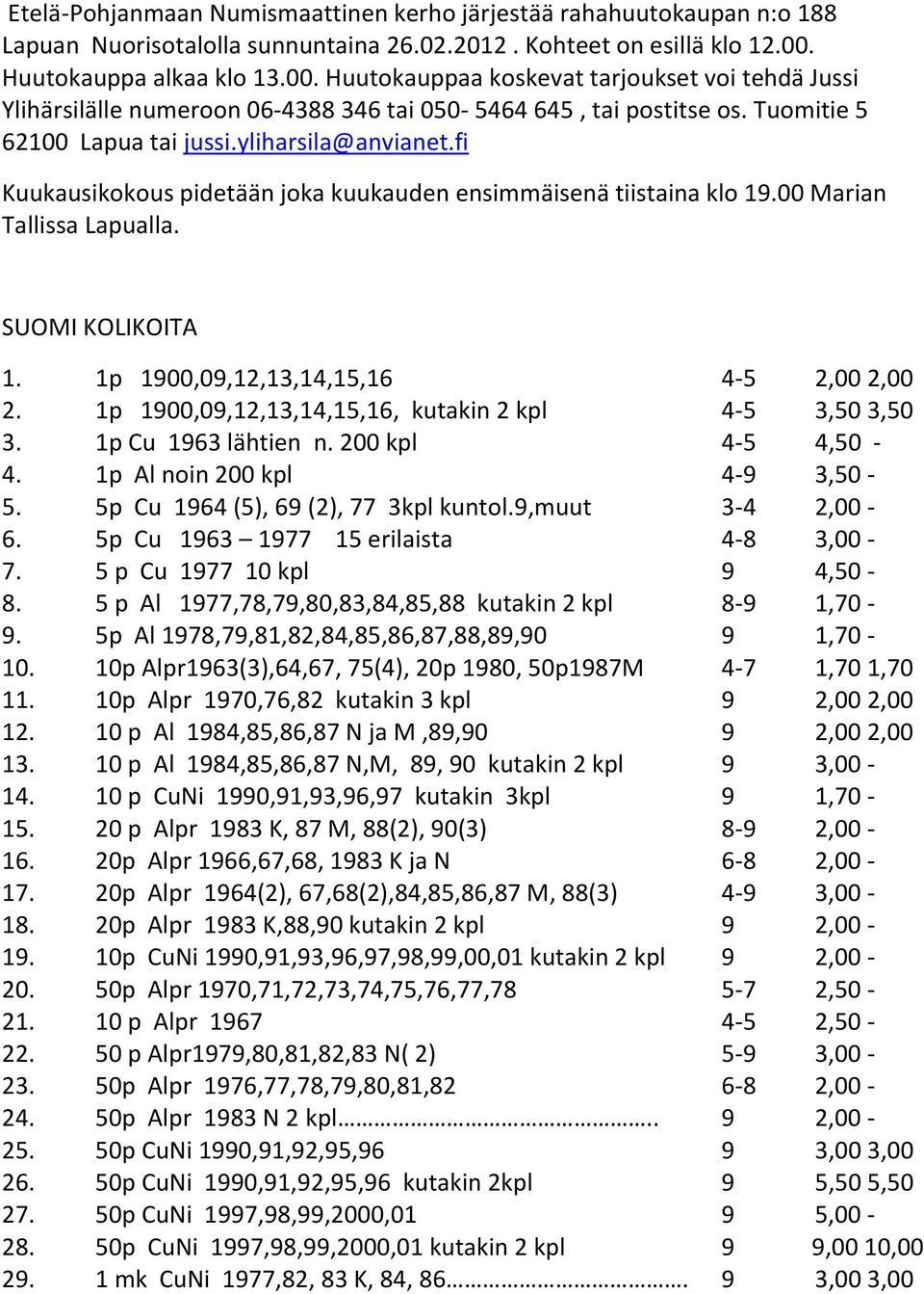 yliharsila@anvianet.fi Kuukausikokous pidetään joka kuukauden ensimmäisenä tiistaina klo 19.00 Marian Tallissa Lapualla. SUOMI KOLIKOITA 1. 1p 1900,09,12,13,14,15,16 4-5 2,00 2,00 2.