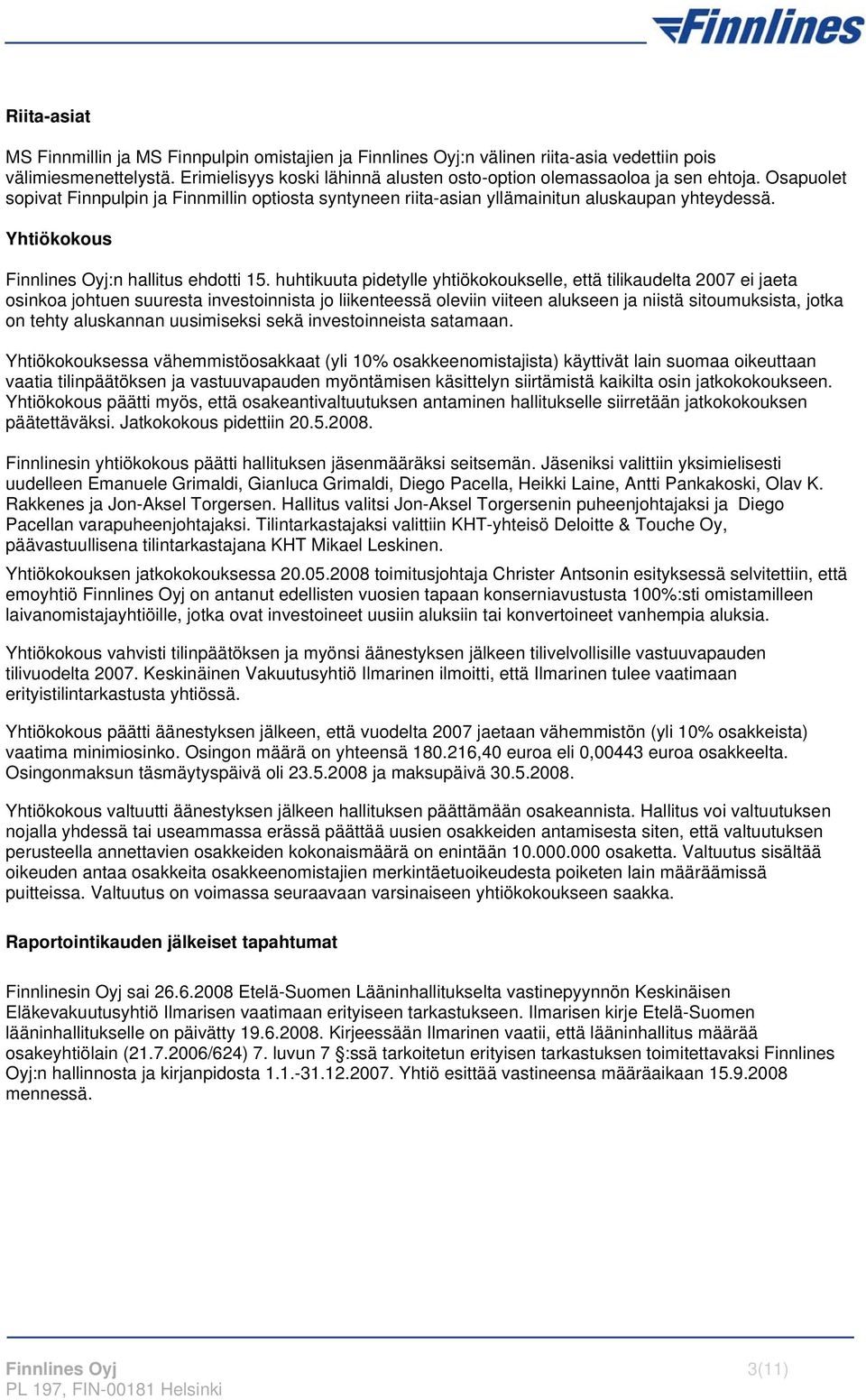 Yhtiökokous Finnlines Oyj:n hallitus ehdotti 15.