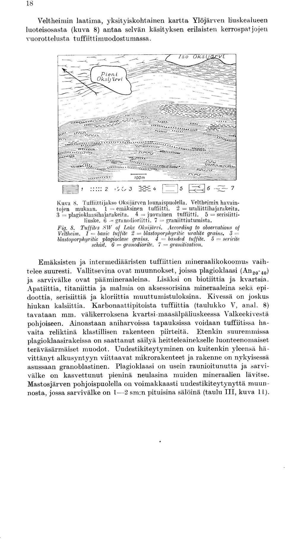 6 = granodioriitti. 7 = graniittiutumista. Fig. S. uffites b`1v of Lake Oksijdrvi. According to observations of Veltheim. I = basic tuf fife 2 = blastoporphyritic uralite grains.
