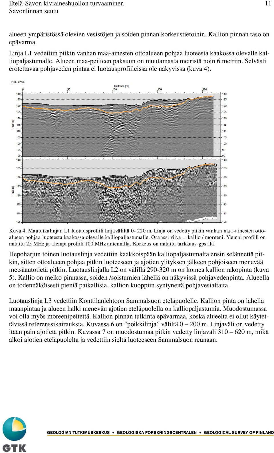 Selvästi erotettavaa pohjaveden pintaa ei luotausprofiileissa ole näkyvissä (kuva 4). Kuva 4. Maatutkalinjan L1 luotausprofiili linjaväliltä 0-220 m.