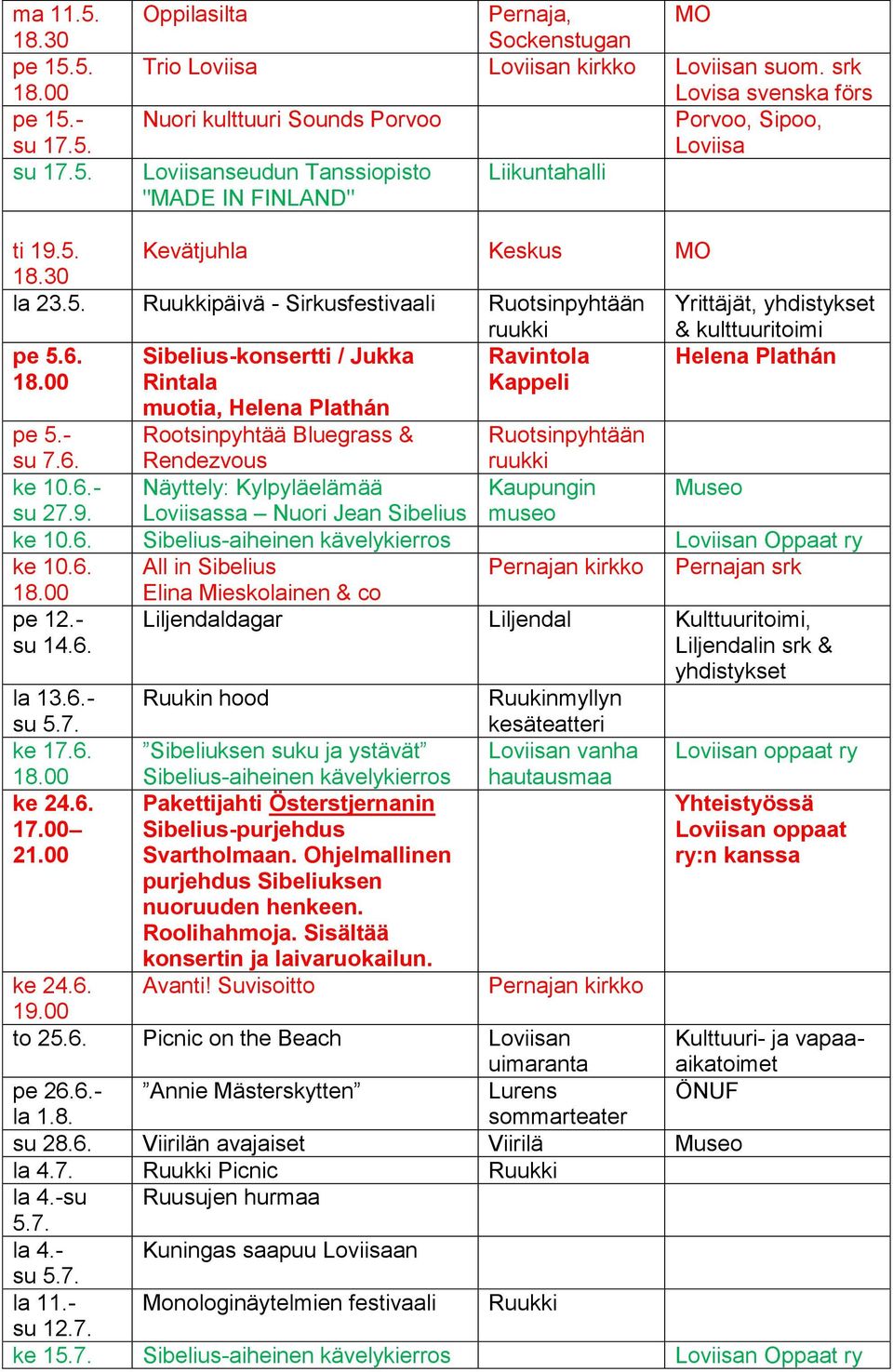 Kevätjuhla Keskus la 23.5. Ruukkipäivä - Sirkusfestivaali Ruotsinpyhtään Yrittäjät, yhdistykset & kulttuuritoimi pe 5.6.