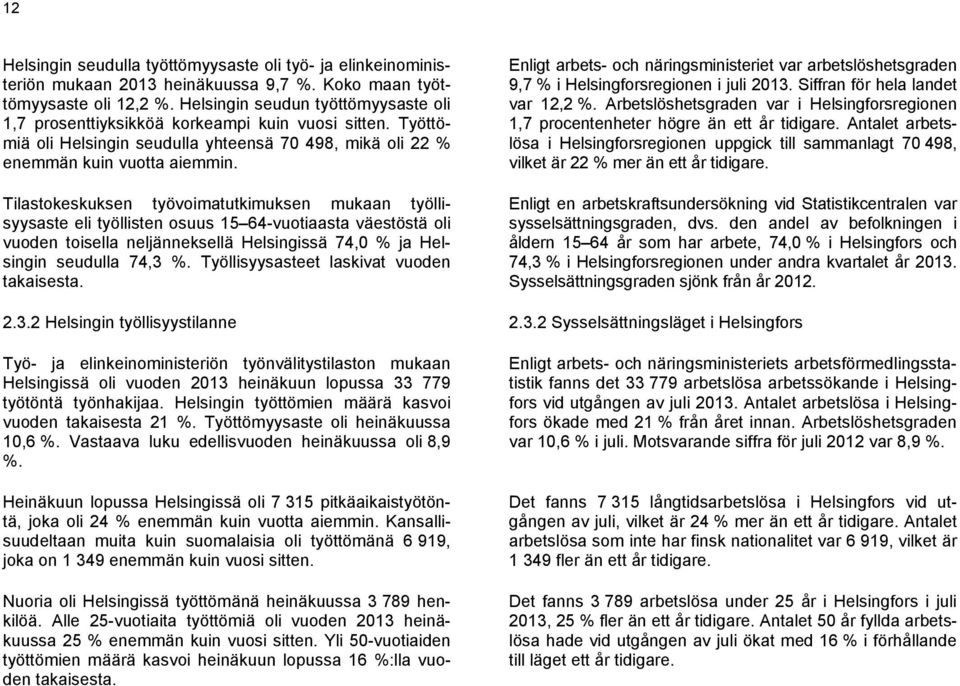 Tilastokeskuksen työvoimatutkimuksen mukaan työllisyysaste eli työllisten osuus 15 64-vuotiaasta väestöstä oli vuoden toisella neljänneksellä Helsingissä 74,0 % ja Helsingin seudulla 74,3 %.